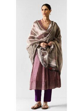 Nikobar Reva Dupatta Embroidered Shawl Wrap Scarf Tassels  in Silver OS NWT